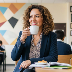 Maestra tomando cafe