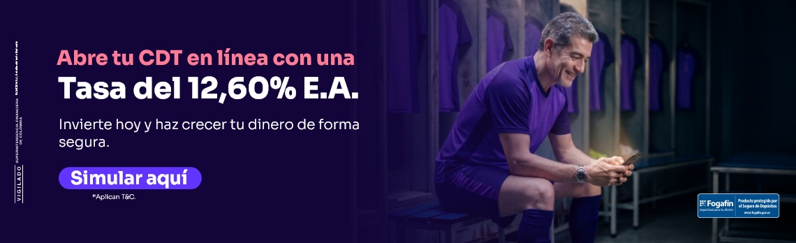 Abre tu CDT en línea con Ban100 y obtén una tasa del 12,60% E.A. Invierte de forma segura y simula tu inversión desde el sitio web.