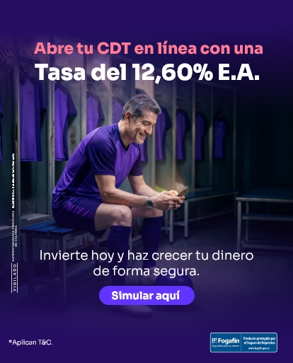 Abre tu CDT en línea con Ban100 y obtén una tasa del 12,60% E.A. Invierte de forma segura y simula tu inversión desde el sitio web.